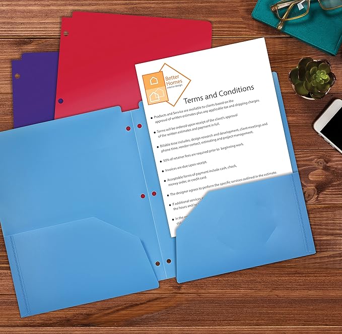 Better Office Products 3 Hole Punch Pocket Folders, Bulk Pack, Sturdy Plastic 2 Pocket Folders, Assorted Primary Colors, Letter Size, with Business Card Slot, (6 Pack)