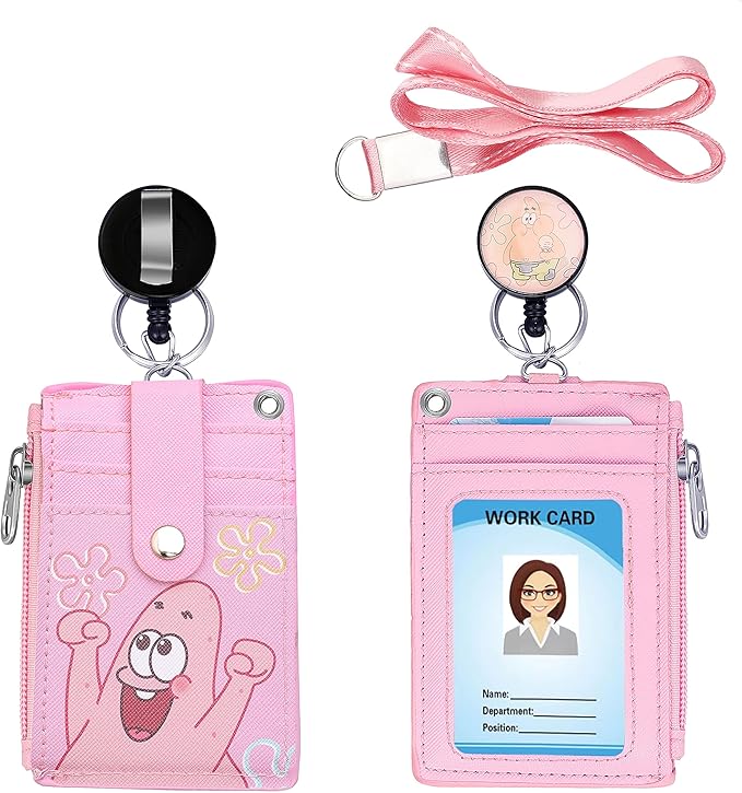 Cute ID Badge Holder Retractable Lanyard Reel Clip with Heavy Duty Carabiner, 5 Card Slots in 2 Sided with Key Ring and Zipper for Women Students Teens Girls Office Staff