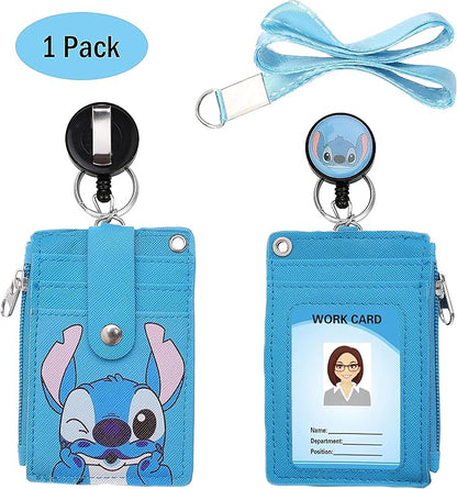 Cute ID Badge Holder Retractable Lanyard Reel Clip with Heavy Duty Carabiner, 5 Card Slots in 2 Sided with Key Ring and Zipper for Women Students Teens Girls Office Staff
