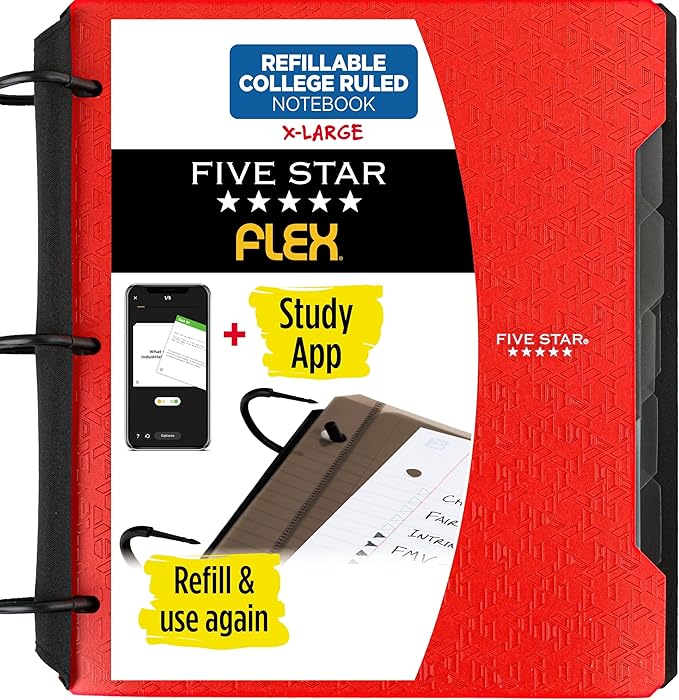 Five Star Flex Refillable Notebook + Study App, College Ruled Paper, 1-1/2 Inch TechLock Rings, Pockets, Tabs and Dividers, 300 Sheet Capacity, Red (29324AB2)