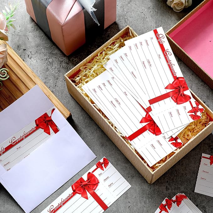 Sinmoe 50 Sets Gift Certificate for Business with 50 Pcs Envelopes Blank Gift Certificate Cards with Name and Address Rustic for Beauty Salon Restaurants Birthday(4.72 x 2.36 Inch, Ribbon Style)