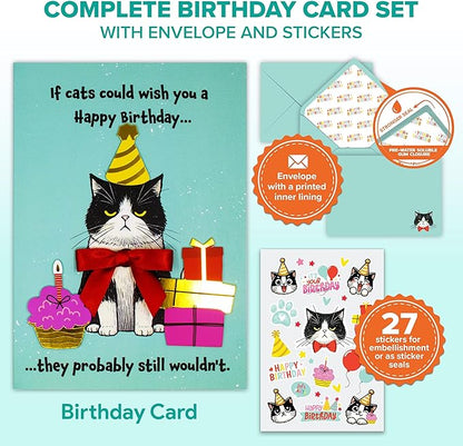 Decorably Gold-Foiled 5x7in Individual Funny Cat Birthday Card with Birthday-Themed Cutouts and Ribbon, Textured Cat Card Set with Envelope and Stickers, with Printed Message Inside