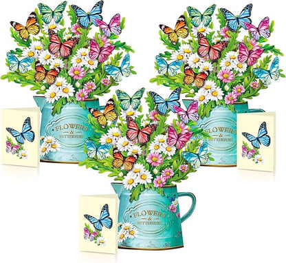 Airpark Pop Up Flower Cards, 3 Packs, Daisies and Butterflies,12inch Forever Flower Bouquet 3D Popup Greeting Cards with Blank Note Card and Envelope for Birthday, Easter, Mother's Day