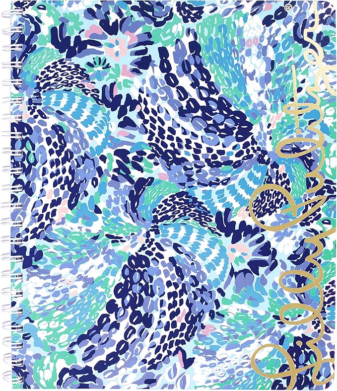Lilly Pulitzer Blue Large Hardcover Spiral Notebook, 11" x 9.5" with 160 College Ruled Pages, Wave After Wave