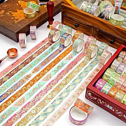 24 Rolls Washi Tape Set, Gold Foil Floral Decorative Tape for Scrapbooking, Bullet Journaling, Planner, DIY Crafts, Christmas - Floral Feast