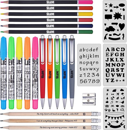 BLIEVE - Bible Journaling Kit With Gel Highlighters And Pens No Bleed, Scripture Markers and Pencils Supplies, Stencils Planner Set For Coloring Journal Art Illustrated By Faith Christian Gifts 24pcs