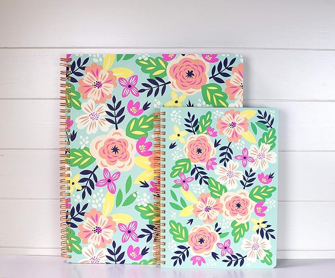 Steel Mill & Co Cute Green Mini Spiral Notebook, 8.25" x 6.25" Journal with Durable Hardcover and 160 Lined Pages, Mint Floral