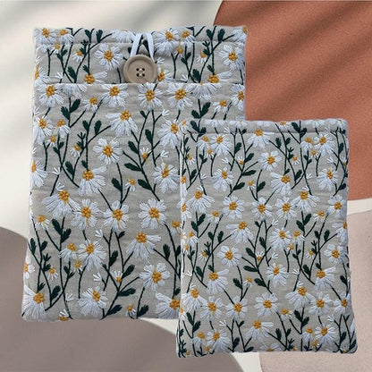 Embroidered White Daisy Book Sleeve. Book Cover/Protector