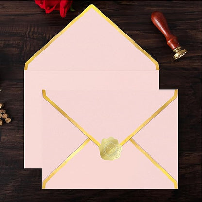60 Pack Gold Envelopes 5x7 Bulk Pink, 250G Pearled Cardstock A7 Envelopes for Invitations Business Mailing Envelope with Gold Foil Border, A6 4x6 Envelopes for Wedding Baby Shower Cards