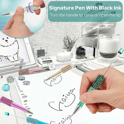 12Pcs Beadable Pens Bulk Diamond Ballpoint Pens Multicolor Retractable Writing Pens Bead Pens DIY Focal Beads Pens Making Kit Gifts for School Office Teacher Staff Students