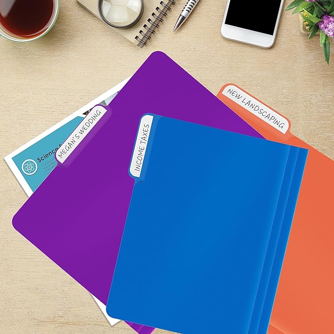 Better Office Products Heavyweight Poly File Folders, 1/3 Cut Tabs, 12 Pack, Assorted Colors, Letter Size, with Adhesive Labels,