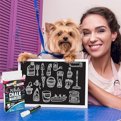 CHALKY CROWN Liquid Chalk Marker Pen - White Drawing Chalk - Chalkboard Markers for Chalkboard Signs, Windows, Blackboard, Glass - 6mm Reversible Tip (5 Pack)