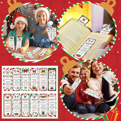 Haooryx 120pcs Christmas Theme Bookmarks, Christmas Candy Cane Pattern Bookmarks with Red Ribbons, Christian Religious Christmas Bookmark Party Favor for Sunday School Supply Classroom Students Reward