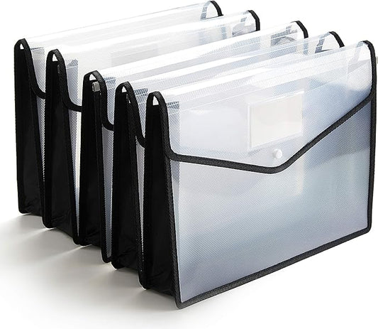 Plastic File Folder Poly Envelope Expanding File Wallet Document Folder with Snap Button Closure, Legal Size, 5 Pack Large Waterproof Accordion File Pouch (Transparent&Black)