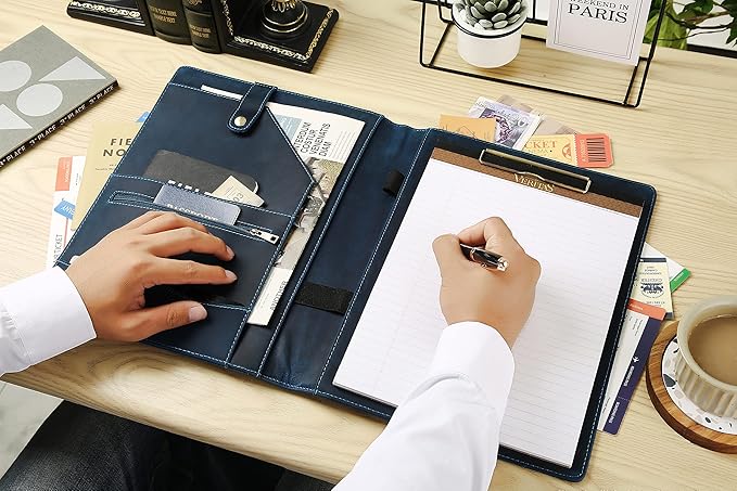 Personalized Leather Portfolio for Men, Engraved Leather Clipboard Portfolio Binder, Custom Leather Resume Padfolio for Women, Christmas Gift for His/Her (Clipboard, Blue-Custom)