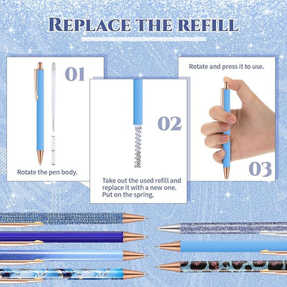 Sherr 7 Pcs Fancy Pens for Women Cute Sparkly Glitter Pens with 10 Pcs Black Ink Refills Pretty Gifts for Girls Office School Christmas Graduation(Dark Blue,Adorable)