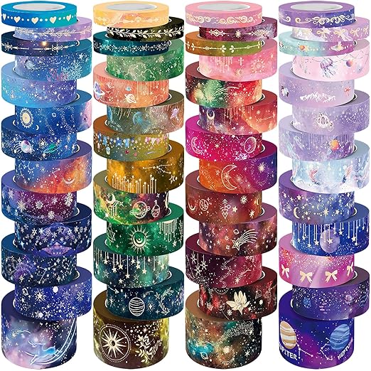 52 Rolls Washi Tape Set, Gold Foil Galaxy Washi Tape for Journaling Supplies, 4 Size Washi Tapes for Scrapbooking, DIY Journal Set, Craft, Gift Wrapping, Painting