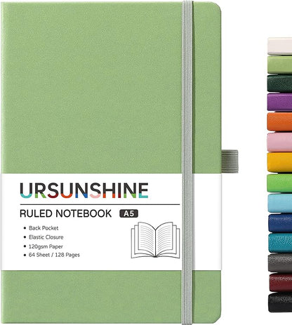 Ruled Notebook/Journal - Classic Lined Journal/Notebook, 5.3'' x 8.26'', Hardcover with Thick Paper, Banded + Pen Holder +Inner Pocket - Light Green