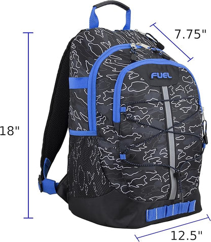 FUEL Hiking Backpack for Women Men Terra Sport, Travel, College, Gym, Work with Laptop Sleeve, Bungee, 18 Inches, Blue Camo