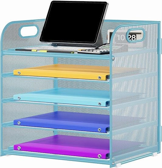 5 Tier Paper Organizer with Handle, Metal Mesh Desk Organizer File Folder Organizer Paper Letter Tray Desktop Document Sorter for Classroom, School, Office Organization and Storage - Blue
