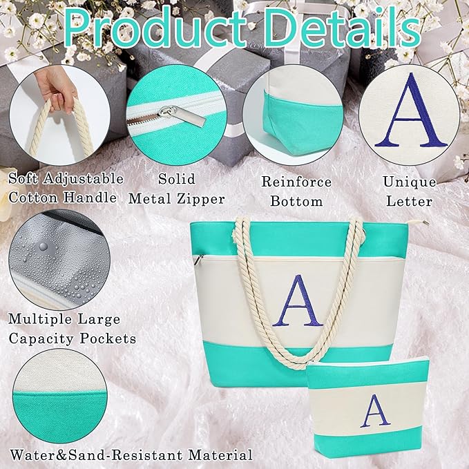 YOOLIFE Christmas Gifts for Women - Initial Canvas Tote Bag & Makeup Bag, Birthday Gifts for Women Mom Teacher Friend Sister