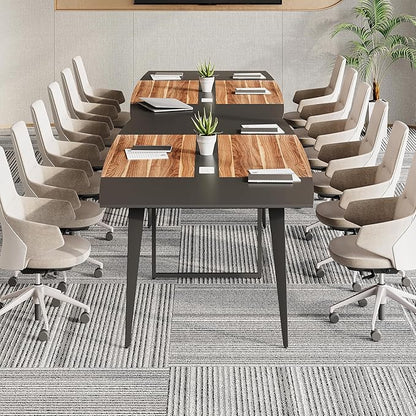 LITTLE TREE 8FT Conference Room Table, 94.48L x 47.21W x 29.52H Boat Shaped Meeting Table, Dark Walnut