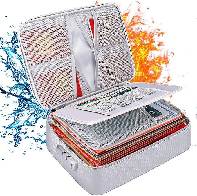 DocSafe Document Bag with Lock,Fireproof 3-Layer File Organizer Case with Water-Resistant Zipper,Document Storage Safe Bag Portable Travel Home for Paper,Files,Certificates,Gifts for Him,Silver