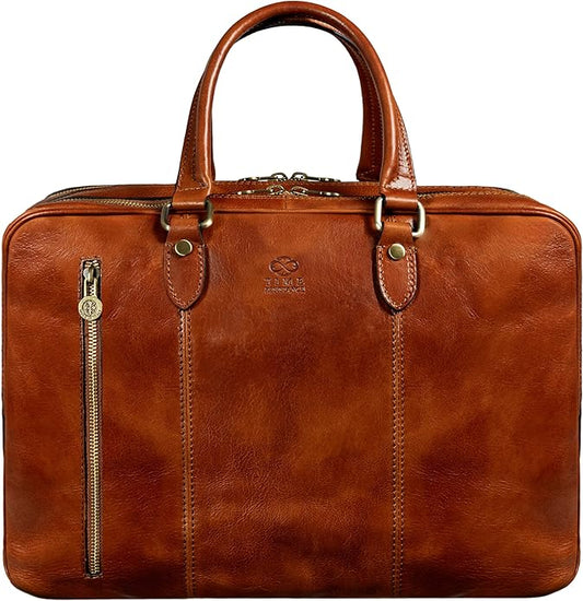 Time Resistance Leather Laptop Briefcase - Full Grain Leather Computer Bag for Men and Women