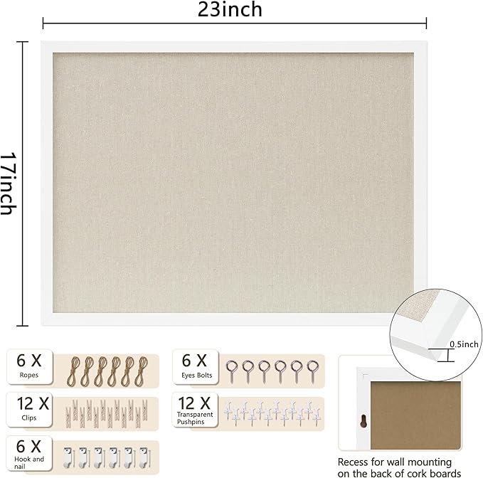 Cork Board with Linen White 2Pack,Bulletin Board 23"x17" Hanging Corkboards for Office Home School Message Board or Vision Board Decoration.