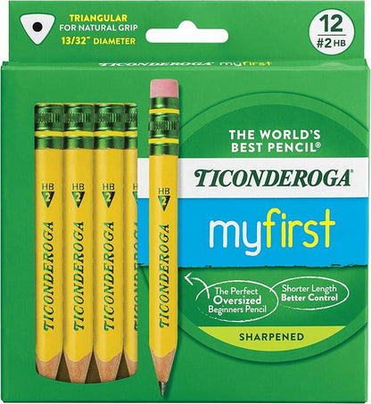 Ticonderoga My First Short Triangular Wood-Cased Pencils, 2 HB Soft, 12 Count Erasers, Pencil Shaped, 3-Pack Bundle