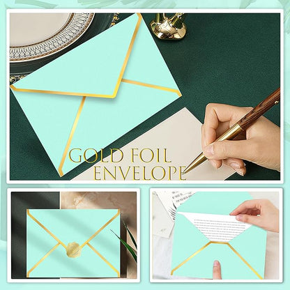 60 Pack Gold Envelopes 5x7 Light Blue, 250G Pearled Cardstock A7 Envelopes for Invitations Business Mailing Envelope with Gold Foil Border, A6 4x6 Envelopes for Wedding Baby Shower Cards
