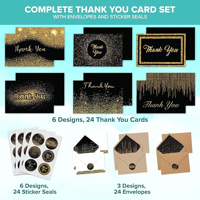 Decorably 24 Pack Glittery 6x4in Black and Gold Thank You Cards with Envelopes and Stickers, 6 Elegant Designs Black Thank You Cards, Blank Inside - Birthday, Wedding, Anniversary