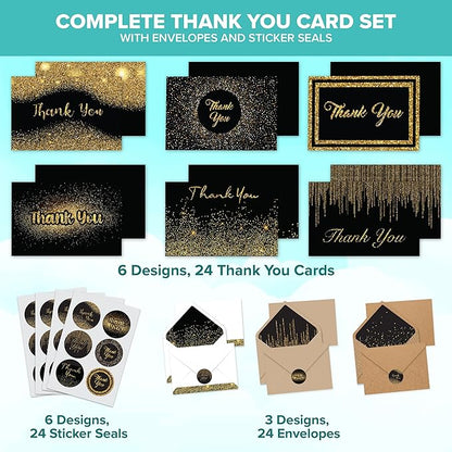 Decorably 24 Pack Glittery 6x4in Black and Gold Thank You Cards with Envelopes and Stickers, 6 Elegant Designs Black Thank You Cards, Blank Inside - Birthday, Wedding, Anniversary