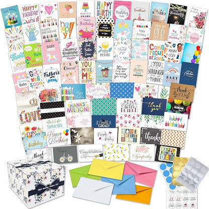 100 All Occasion Cards Assortment Box with Envelopes and Stickers - Large 5x7 Inch Bulk Greeting and Blank Notes, 100 Unique Designs