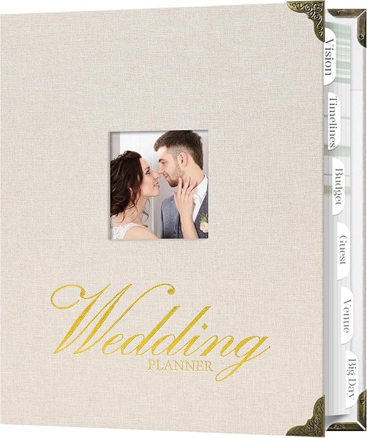 Vienrose Wedding Planner Book Organizer for the Bride, Gold Foil 'Wedding Planner' Linen Cover with Window Wedding Binder Engagement Gifts for Women Wedding Planning Book