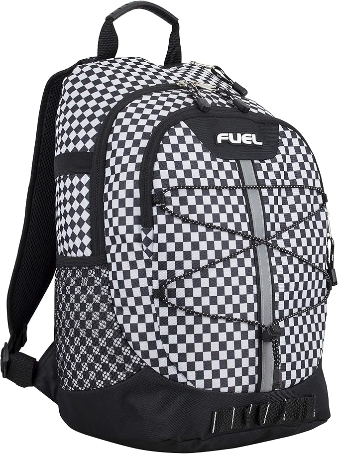 FUEL Hiking Checkered Black White Backpack for Women Men Terra Sport, Travel, College, Gym, Work with Laptop Sleeve, Bungee, 18 Inches