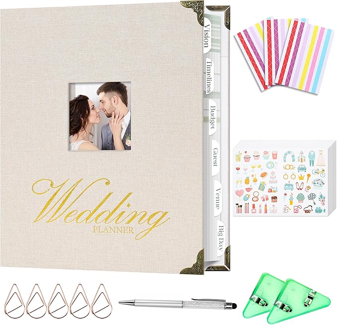 Vienrose Wedding Planner Book Set for the Bride, Gold Foil 'Wedding Planner' Linen Cover with Window Wedding Binder Includes Multiple Accessories Engagement Gifts for Women Wedding Planning Book
