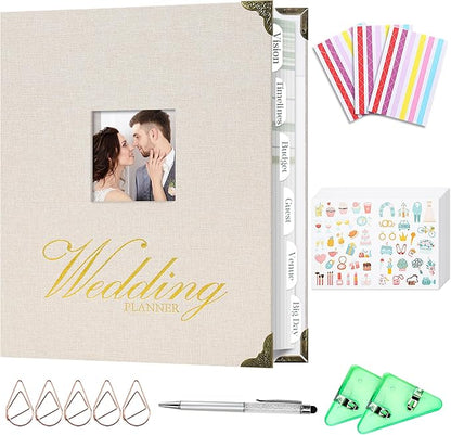 Vienrose Wedding Planner Book Set for the Bride, Gold Foil 'Wedding Planner' Linen Cover with Window Wedding Binder Includes Multiple Accessories Engagement Gifts for Women Wedding Planning Book