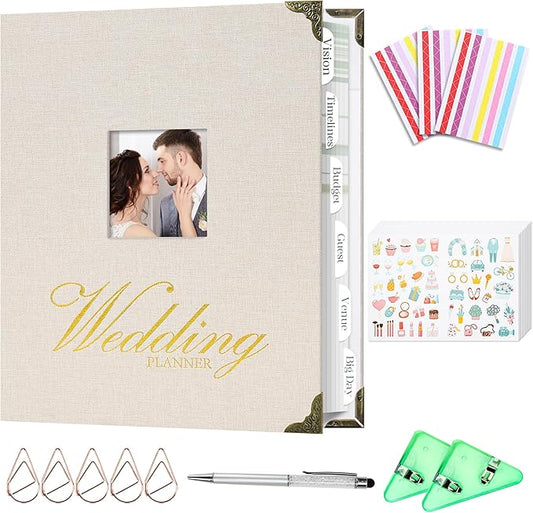 Vienrose Wedding Planner Book Set for the Bride, Gold Foil 'Wedding Planner' Linen Cover with Window Wedding Binder Includes Multiple Accessories Engagement Gifts for Women Wedding Planning Book