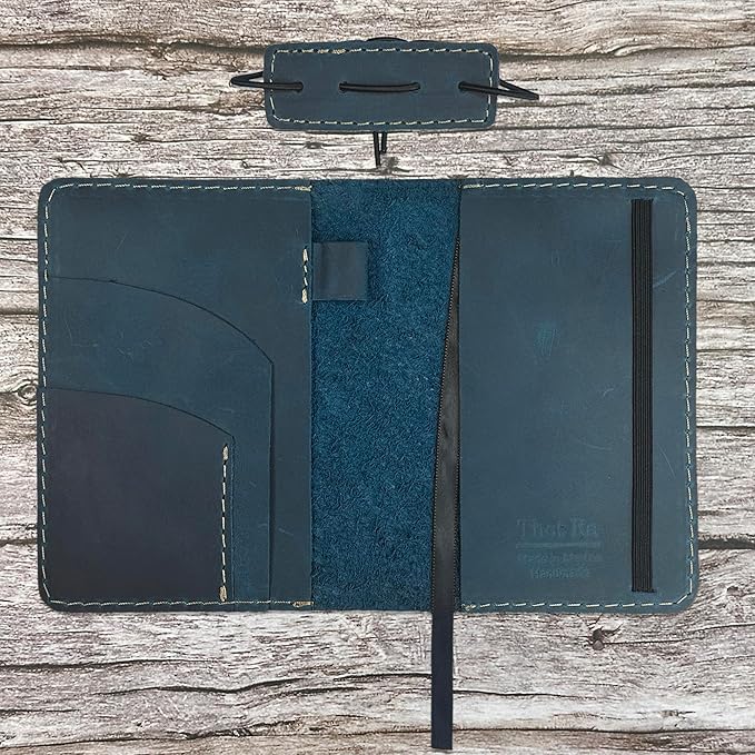 Thot Ra Leather Cover for Field Notes, Passport Cover, Leather Notebook Cover for 3.5" x 5.5" with Pen Holder, Only Cover (Vintage Blue)