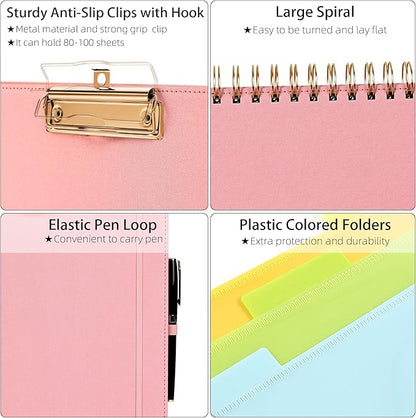 Ospelelf Pink Foldable Spiral Clipboard Folio with Storage Zipper Pouch, 5 Plastic Folders with 10 Pockets,Refillable Lined Notepad (11" x 8.5"), Hardcover Project Organizer with 39 Stickers