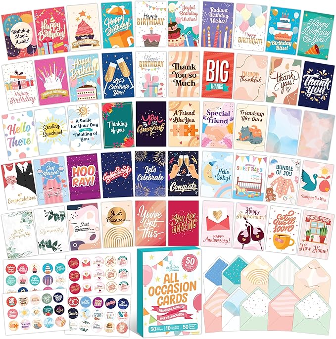 Decorably 50 Pack Gold Foiled & Glittery 5x7in All Occasion Cards Assortment Box with Envelopes & Stickers, 50 Unique Designs Cards for All Occasions with Printed Message Inside - Birthday, Thank You
