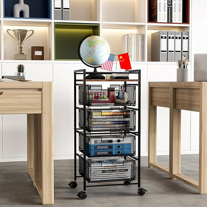 EasyPAG Rolling File Cabinet 4 Drawers Metal File Organizer Storage Cart Mobile File Cart with Removable Drawers with 4 Swivel Casters Rolling Wheels Cart, Black