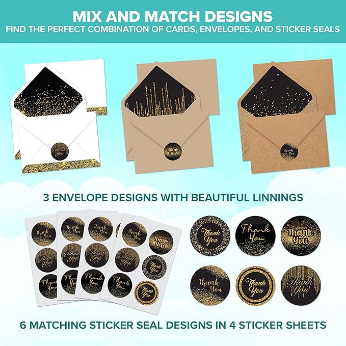 Decorably 24 Pack Glittery 6x4in Black and Gold Thank You Cards with Envelopes and Stickers, 6 Elegant Designs Black Thank You Cards, Blank Inside - Birthday, Wedding, Anniversary