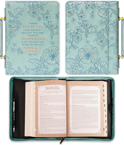 Christian Art Gifts Faux Leather Fashion Bible Cover: I Know The Plans I Have for You - Jeremiah 29:11 Inspirational Bible Verse, Debossed Floral Teal Design, Medium