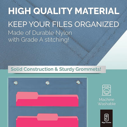 Hippo Creation Blue Pocket Chart for Classroom - 10 Pocket Storage Black Pocket Charts, 3 Over Door Hangers Included, Hanging Wall File Organizer for File Folders, School Mailbox, Home/Office Papers