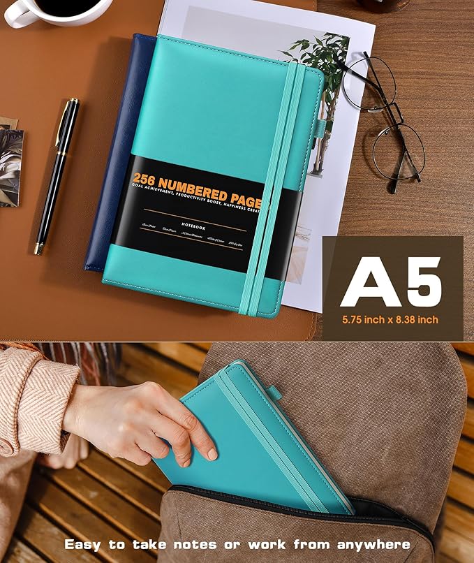 Lined Journal Notebook for Women Men, 256 Numbered Pages Hardcover Leather Journals for Writing, A5 Journaling Notebooks, College Ruled Journal for Business Work School Note Taking 5.75" x 8.38" Teal