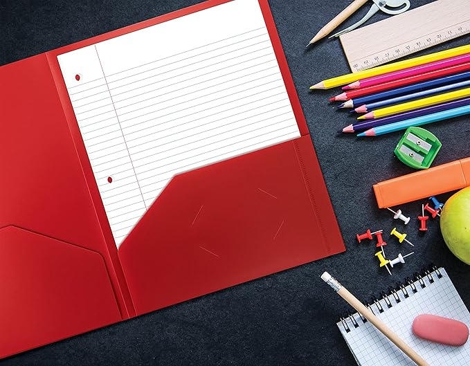 Better Office Products Heavyweight Plastic 2 Pocket Portfolio Folder, Letter Size Poly Folders 24 Pack (Red)