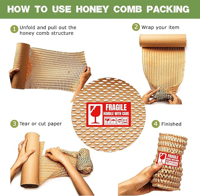 Honeycomb Packing Paper 15 Inch x 135 Feet with 30 Fragile Stickers – Eco-Friendly Honeycomb Wrap for Packing Fragile Items – Recyclable Protective Wrapping Roll for Moving, Shipping, & Storage