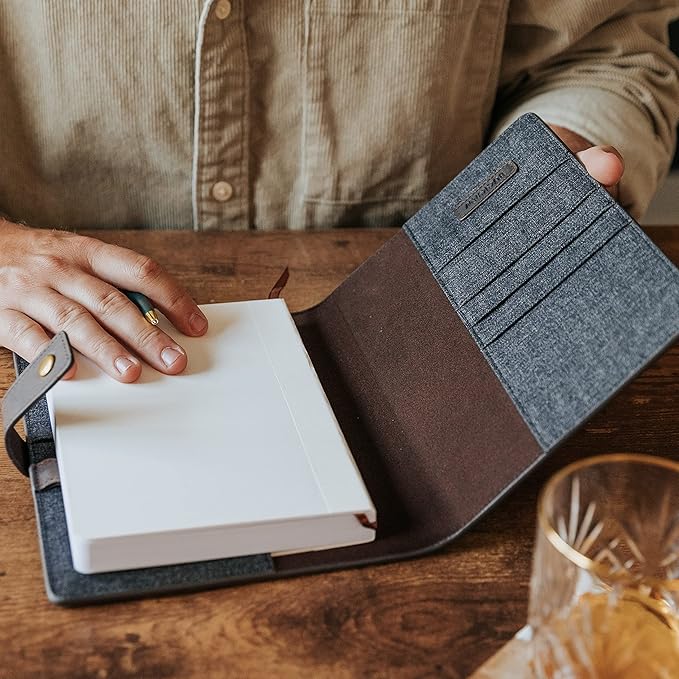 CASE ELEGANCE Full Grain Premium Leather Refillable Journal Cover with A5 Lined Notebook, Pen Loop, Card Slots, Brass Snap (Monogrammed Black)